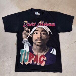 Vintage 90s AOP Tupac Shakur Dear Mama Graphic T Shirt Mens Medium Black Rap Tee